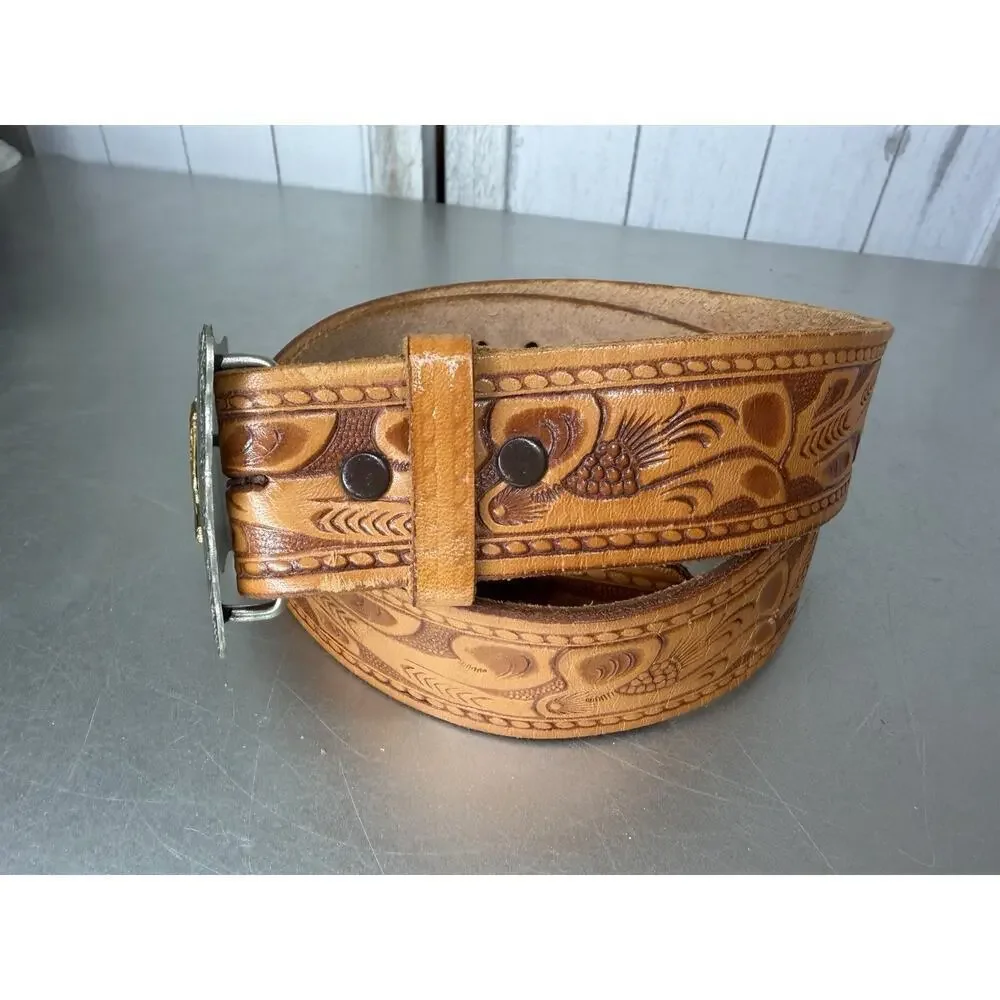 Vintage Sand Sage Cowboy Boots Belt Buckle Nickel Silver Hand Tooled Leather 34